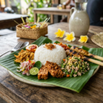 Traditional Balinese Nasi Campur Plate Served On a Banana Leaf Colourful Side Dishes