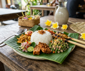 Traditional Balinese Nasi Campur Plate Served On a Banana Leaf Colourful Side Dishes